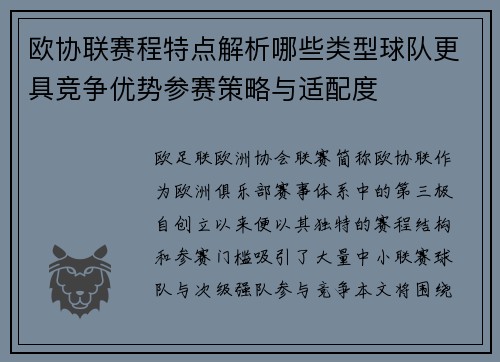 欧协联赛程特点解析哪些类型球队更具竞争优势参赛策略与适配度